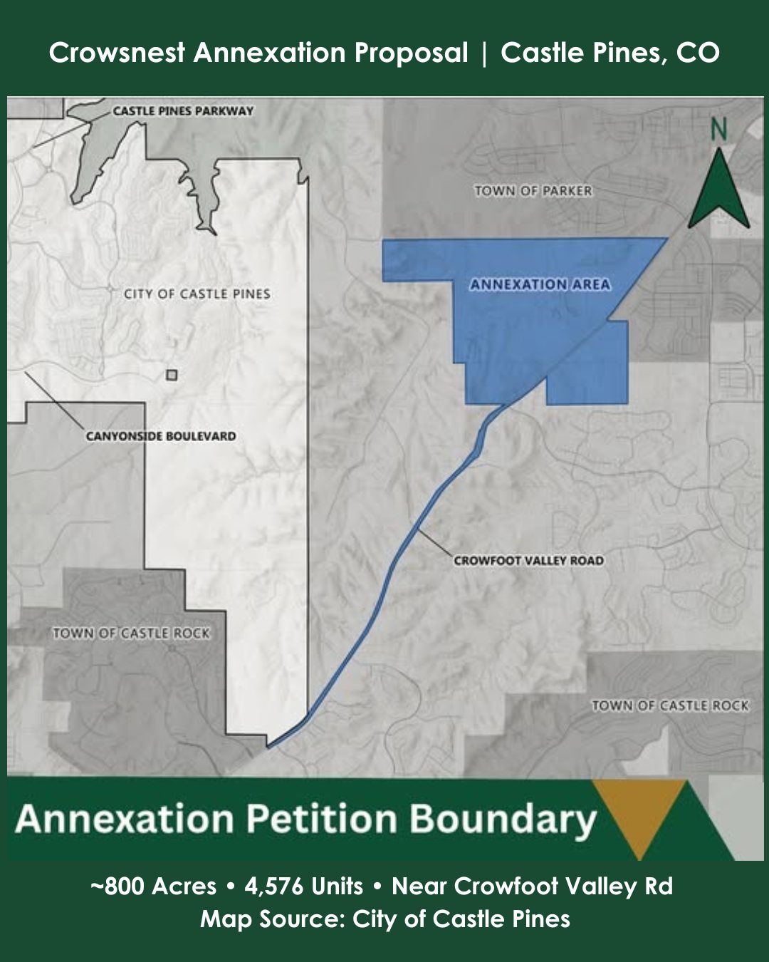 Map showing proposed Castle Pines annexation area near Parker, Colorado, highlighting 800-acre Crowsnest development and Crowfoot Valley Road location.